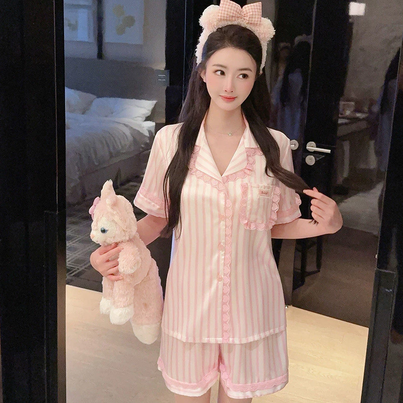 sản phẩm mới mùa xuân-hè: bộ đồ ngủ ngắn tay bằng vải lụa băng dành cho nữ, thời trang, in họa tiết dễ thương,
