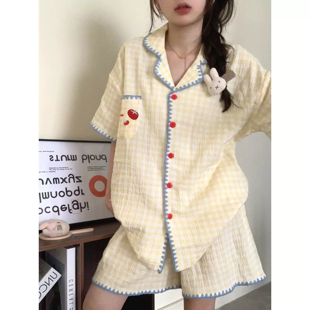 Bộ Đồ Ngủ Nữ Kẻ Caro Phối Màu Mùa Hè, Phong Cách Nhật Bản Đơn Giản, Mỏng Nhẹ, Tay Ngắn, Quần Ngắn - Hàng Order