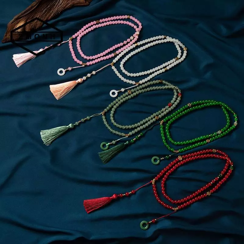 ZMONH Phong Cách Trung Hoa Hạt Xanh Dài Nelace Phật Giáo Thiền Pha Lê Xanh Nelace Dài sel Chokers Trang Sức Quà Tặng * Mới