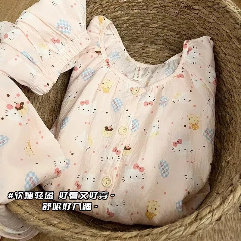 Bộ đồ ngủ Hello Kitty dễ thương mùa hè dành cho nữ, có đệm ngực, bộ ba món tay ngắn bằng cotton - Hàng Order