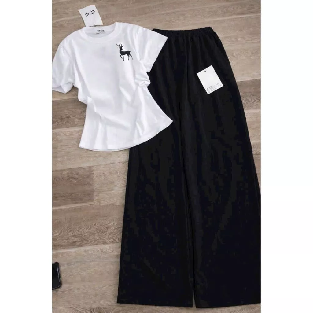 Sét bộ quần dài chun đen hách dáng +mix áo croptop tăm lạnh hình tuần lộc   in ng ự c-chang3158
