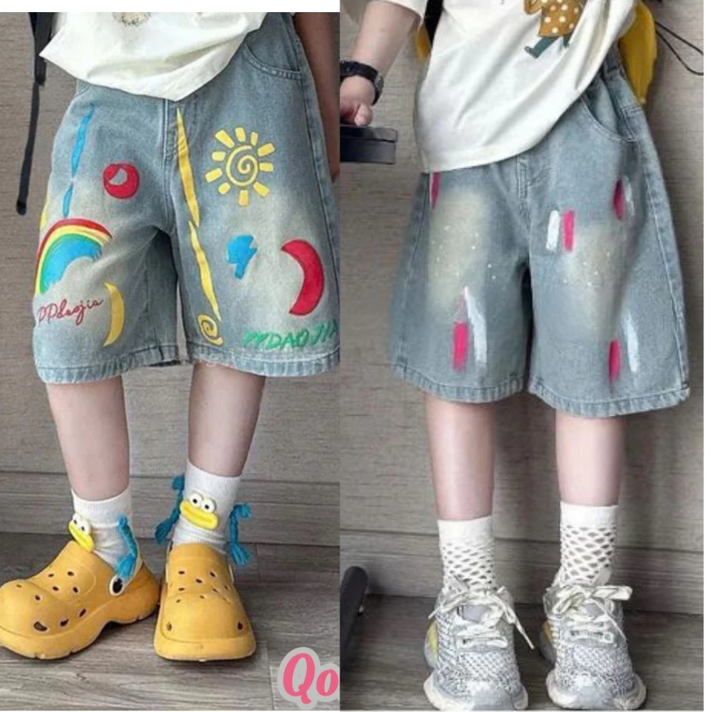 (16-50kg) short jean ngố bé gái in hoa tiết dễ thương , ngang gối quần sooc bò sành điệu hình gấu pupy-shopgiaytui388