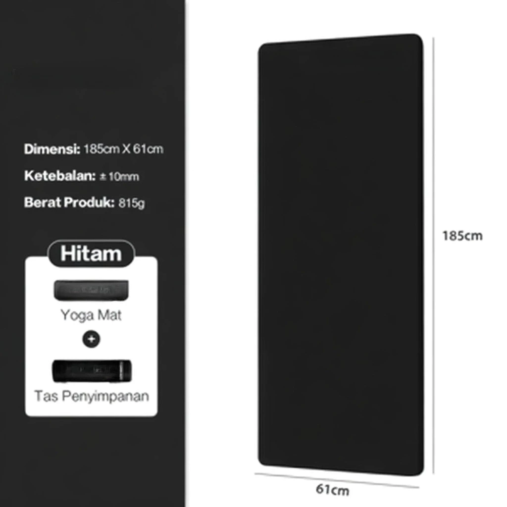 Thảm tập yoga màu đen đi kèm túi, độ dày khoảng 10mm giúp êm ái và hỗ trợ tốt cho cơ thể khi luyện tập.