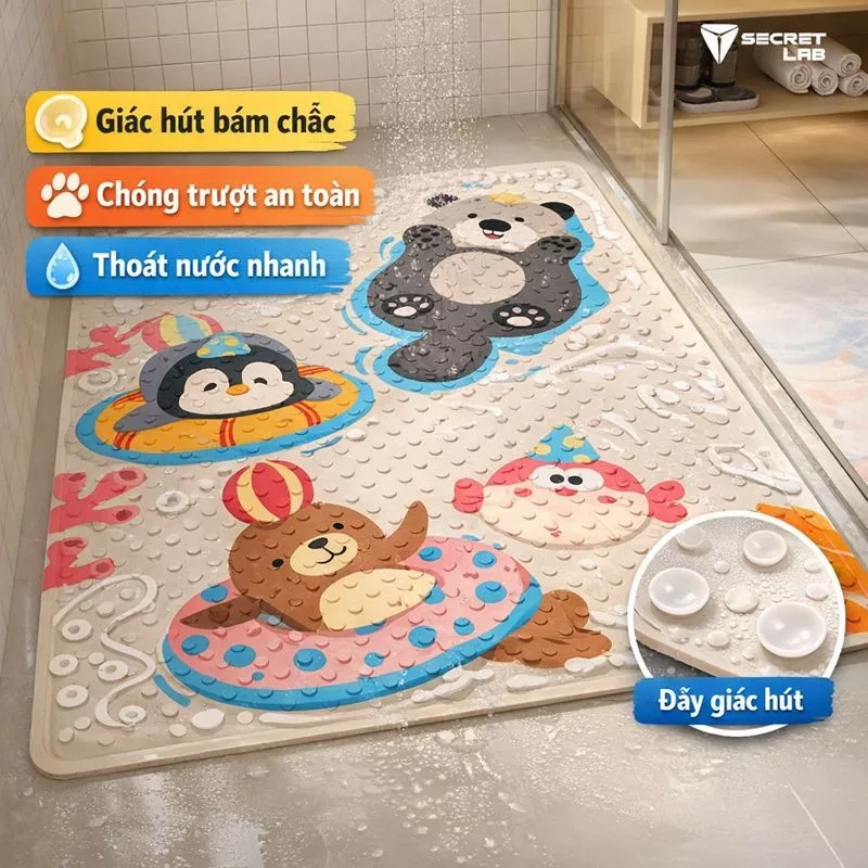 [Sẵn Hàng] Thảm Nhà Tắm Chống Trượt Giác Hút Cho Bé | Thảm Lót Sàn Nhà Vệ Sinh Thoát Nước Nhanh Hoạt Hình
