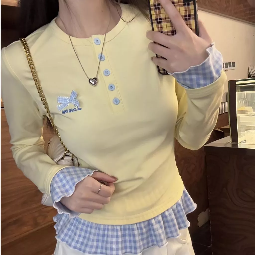 Áo Thun Dài Tay Nữ, Kiểu Dáng Mới Cho Mùa Xuân Và Mùa Thu, Áo Dài Tay Thời Trang Với Họa Tiết Kẻ Caro Top
