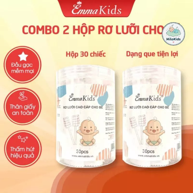 Combo 2 Hộp 30 que gạc rơ lưỡi, que tưa lưỡi Chính Hãng Emmakids vệ sinh răng miệng cho bé hãng dùng được cho bé sơ sinh