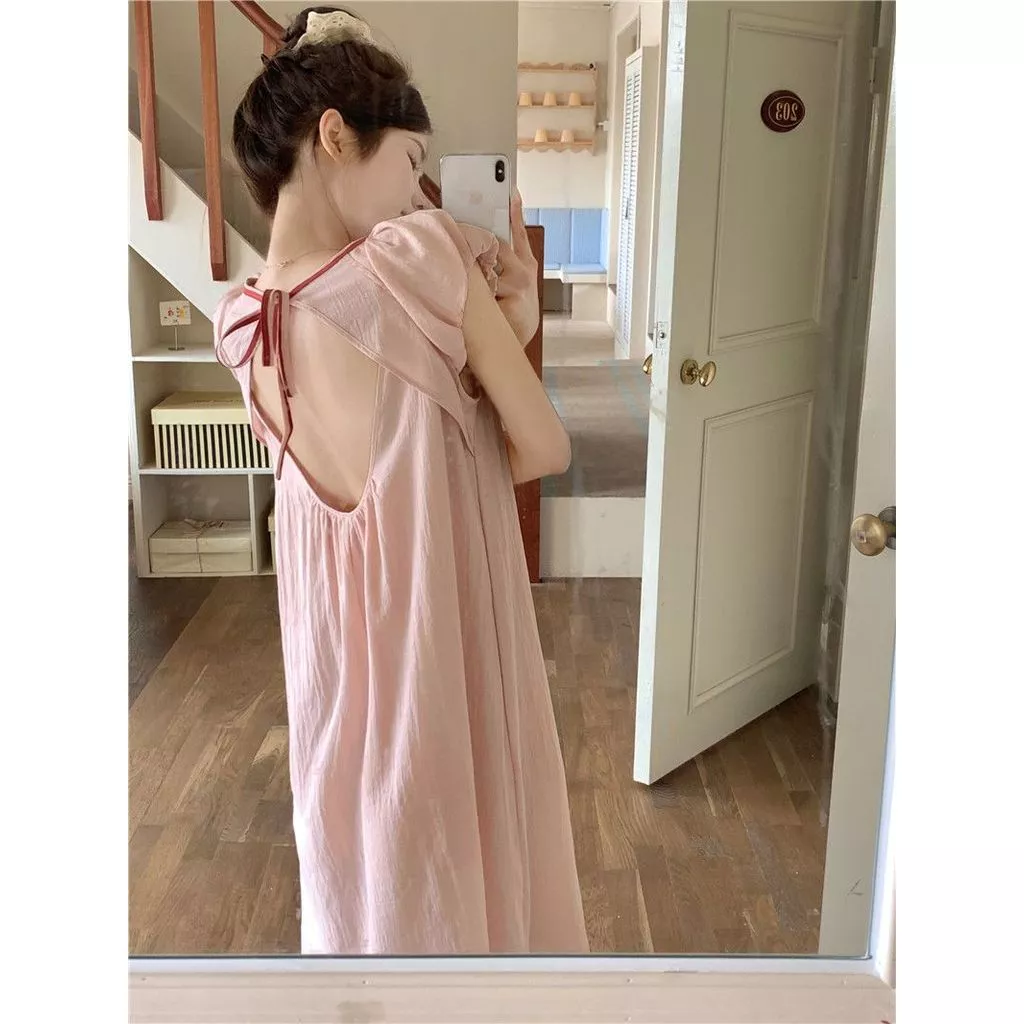 Đầm ngủ hở lưng phong cách Hàn Quốc, màu sắc tương phản, dành cho nữ, đồ ngủ ngắn tay dài vừa phải mùa hè - Hàng order