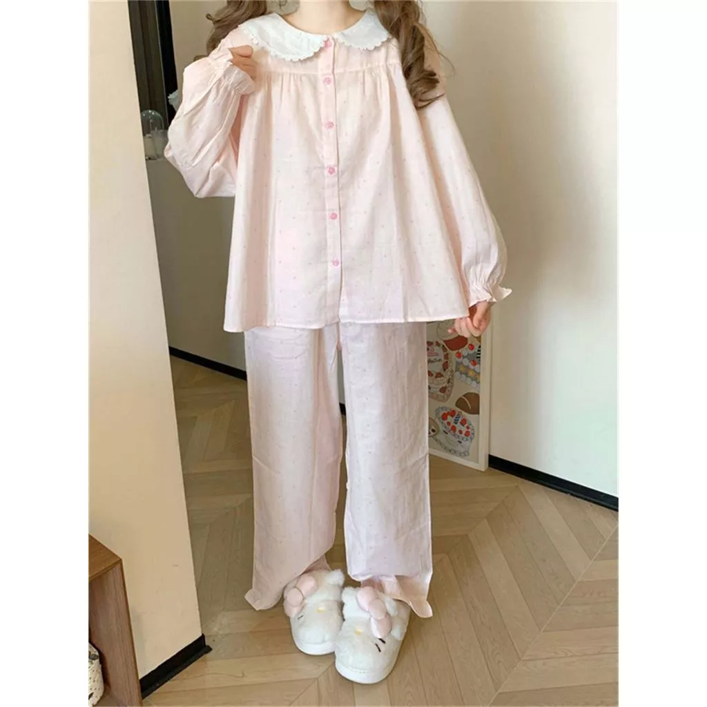 Bộ đồ ngủ chấm bi hồng dễ thương dành cho nữ, bộ đồ mặc nhà dài tay quần dài mới cho mùa xuân thu - Hàng order