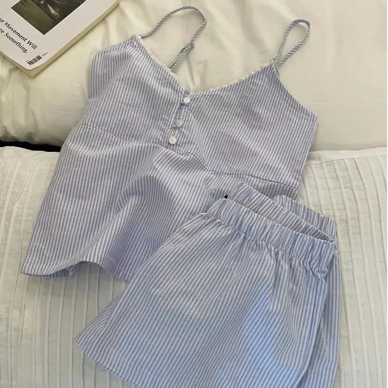 Bộ đồ ngủ cotton mây kiểu mới mùa hè dành cho nữ, gồm áo hai dây và quần đùi có đệm ngực, bộ đồ mặc nhà sọc xanh ngọ