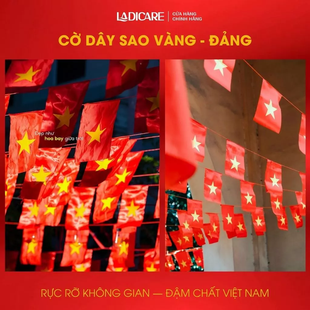 Cờ dây Việt Nam & Cờ Đảng lụa satin cao cấp dày đẹp 10M x 20 lá cờ trang trí dịp lễ 30/4 - 1/5