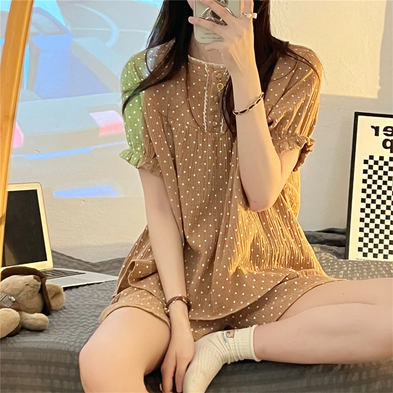 Bộ đồ mặc nhà thoải mái cổ tròn chấm bi dành cho nữ, bộ đồ ngủ và quần ngủ hai mảnh mùa hè, tay áo bồng,