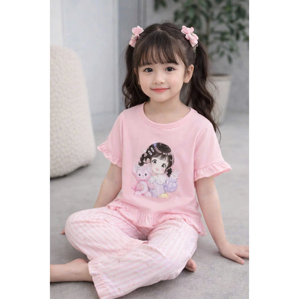 Bộ Cộc Tay Bé Gái Cotton Mềm Mịn – Đồ Bộ Trẻ Em Mát Thoáng, Hình Dễ Thương Không Bai Xù Size 13-42kg