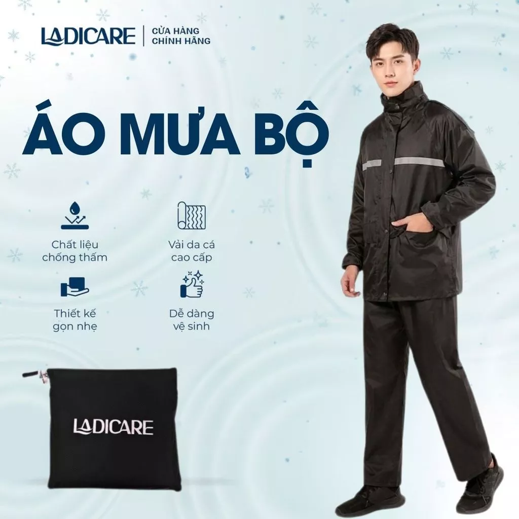 Áo mưa bộ LADICARE Loại Tốt – vải da cá chống thấm nước tốt, có phản quang phù hợp cho nam nữ đi xe máy