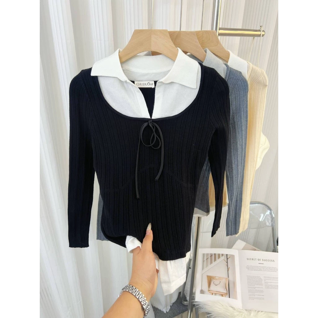 Áo len dệt kim hai áo giả trong  nơ cổ polo