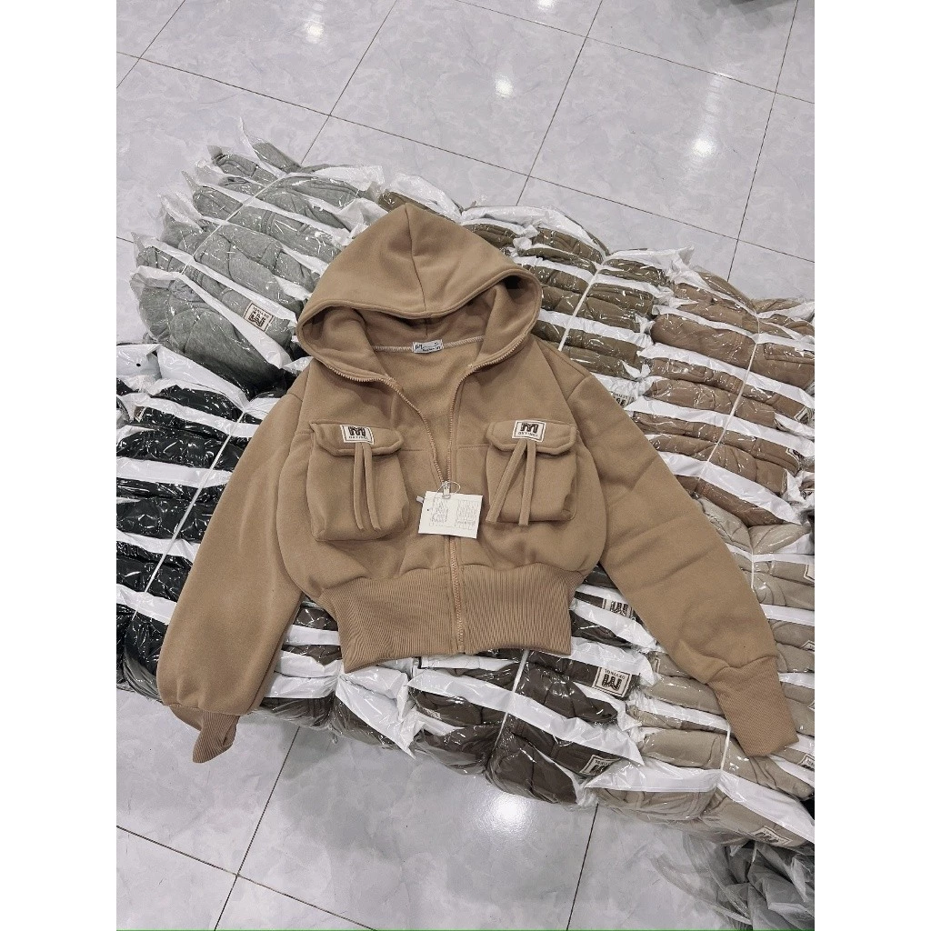 ÁO KHOÁC NỈ CROPTOP NỮ DÁNG LỬNG CÓ NÓN THIẾT KẾ TÚI CÓ NƠ XSTT FASHION