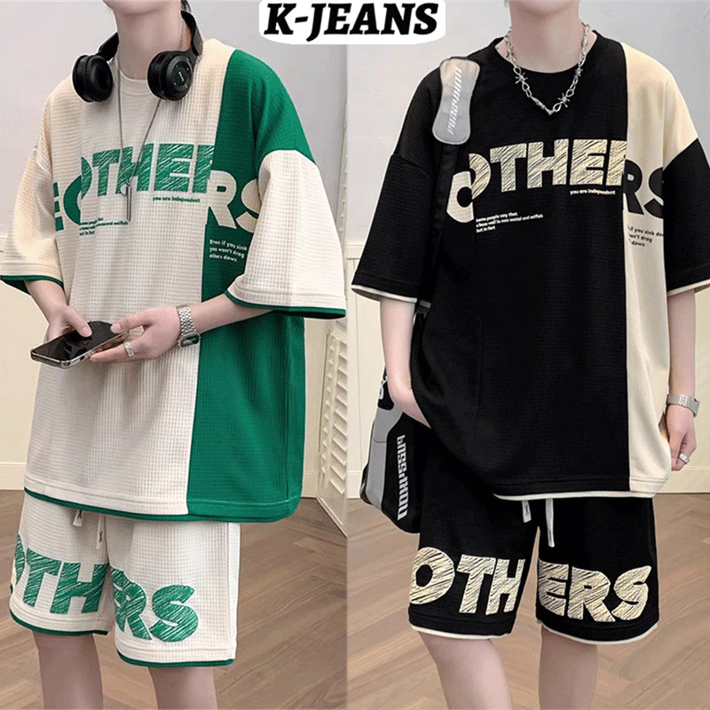 K-JEANS Bộ thể thao nam nữ áo tay ngắn quần short dáng rộng thời trang Phối Dây Rút bản to Thời Trang Unisex Thời trang 2 miếng hottend