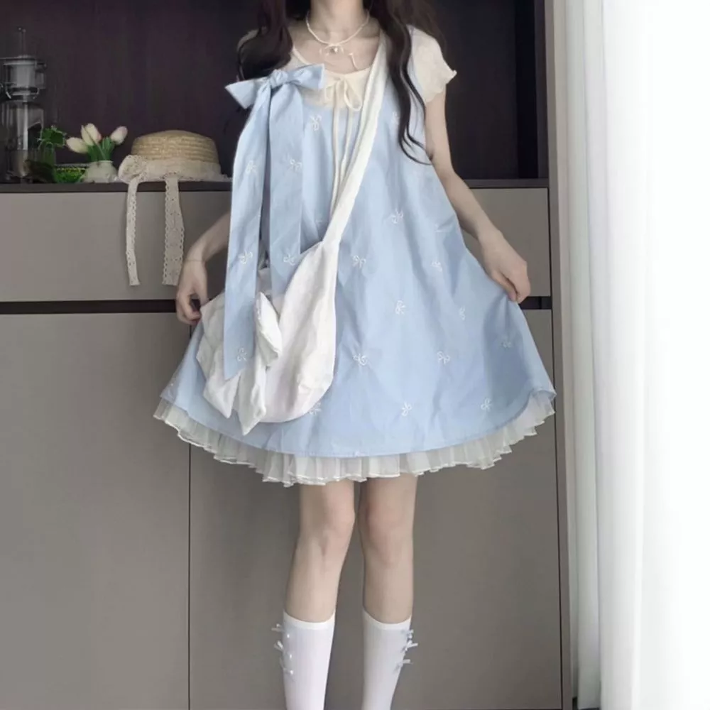 [Pre-Order]-Bộ trang phục hai mảnh phong cách Hàn Quốc ngọt ngào, kiểu dáng học sinh, gồm váy yếm thêu nơ dành cho nữ si