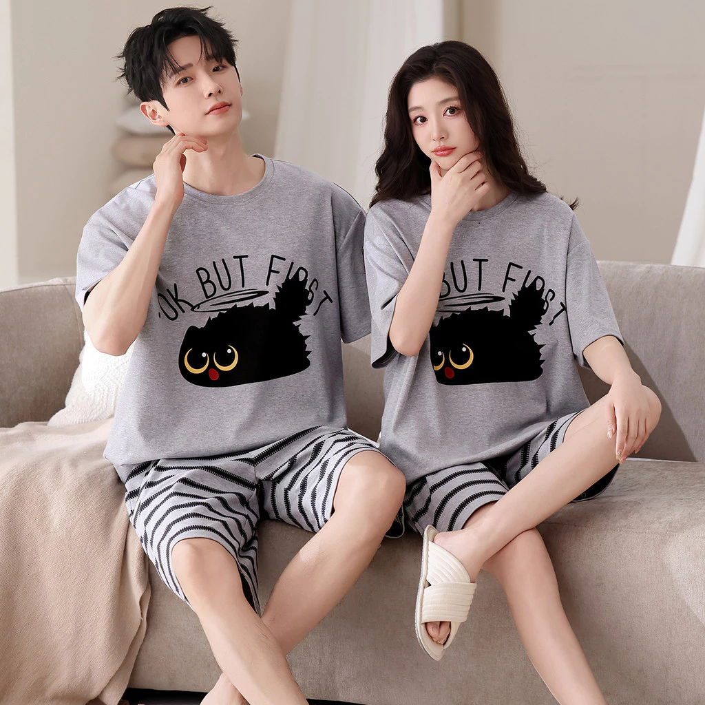 Bộ Đồ Ngủ Cặp Đôi Cotton Nguyên Chất, Tay Ngắn, Họa Tiết Hoạt Hình, Phù Hợp Mặc Nhà Vào Mùa Hè