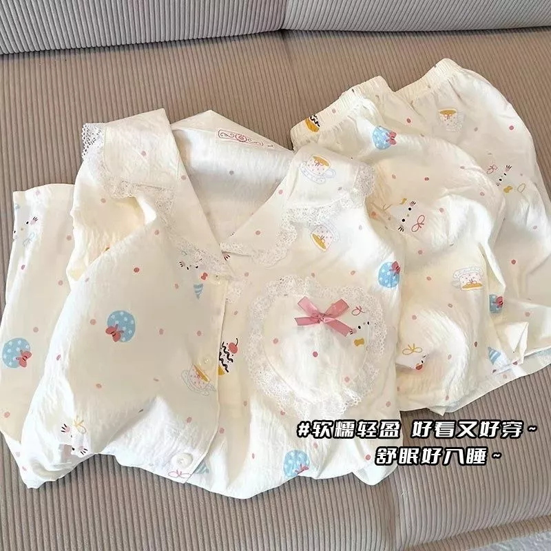 Bộ đồ mặc nhà hai mảnh mùa hè dành cho nữ, áo ngắn tay mềm mại, quần ngắn, có đệm ngực, họa tiết mèo KT chấm bi - Order