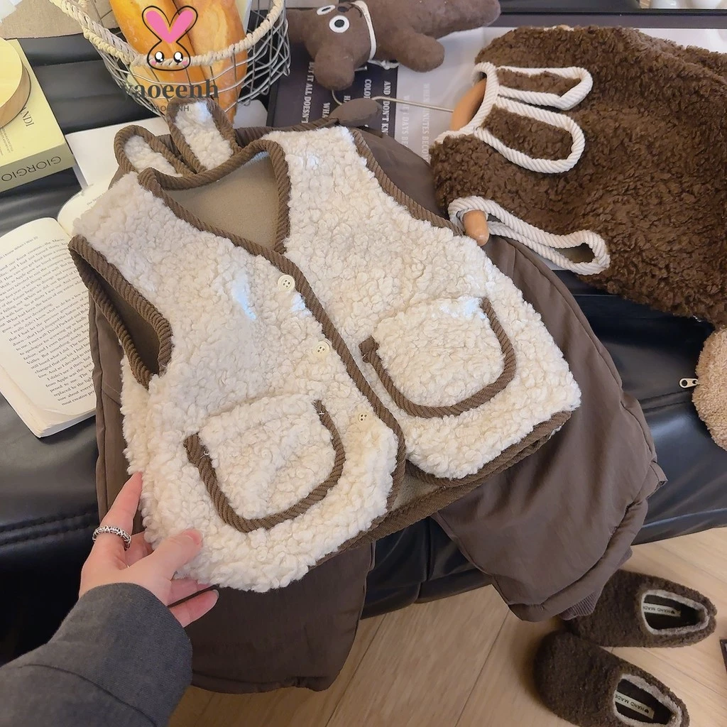 【YAOEENH】80-130CM Thu Đông Bé Trai Bé Gái Màu Sắc Phù Hợp Với Tai Thỏ Dễ Thương Áo Vest Trẻ Em Lông Cừu Lót Nút Ấm Cardigan Top Hàng Sẵn Có Vận Chuyển Nhanh