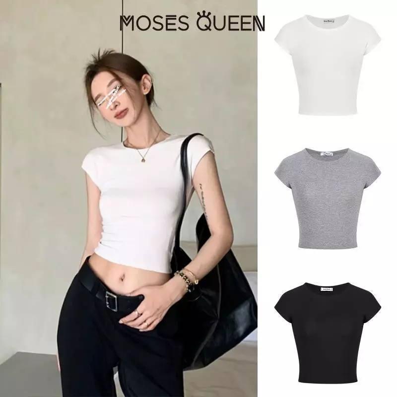 MOSESQUEEN Áo thun nữ bo trễ vai, form bodycon, chất liệu cotton ribbed, phù hợp dạo phố mùa hè #62861