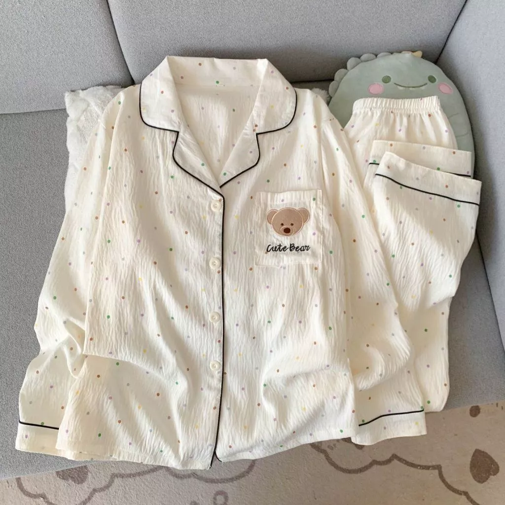 Bộ Đồ Ngủ Hình Gấu Chấm Màu Sắc Sặc Sỡ, Kiểu Dáng Dài, Chất Liệu Cotton Mềm Mại, Tay Dài, Quần Dài - Hàng Order