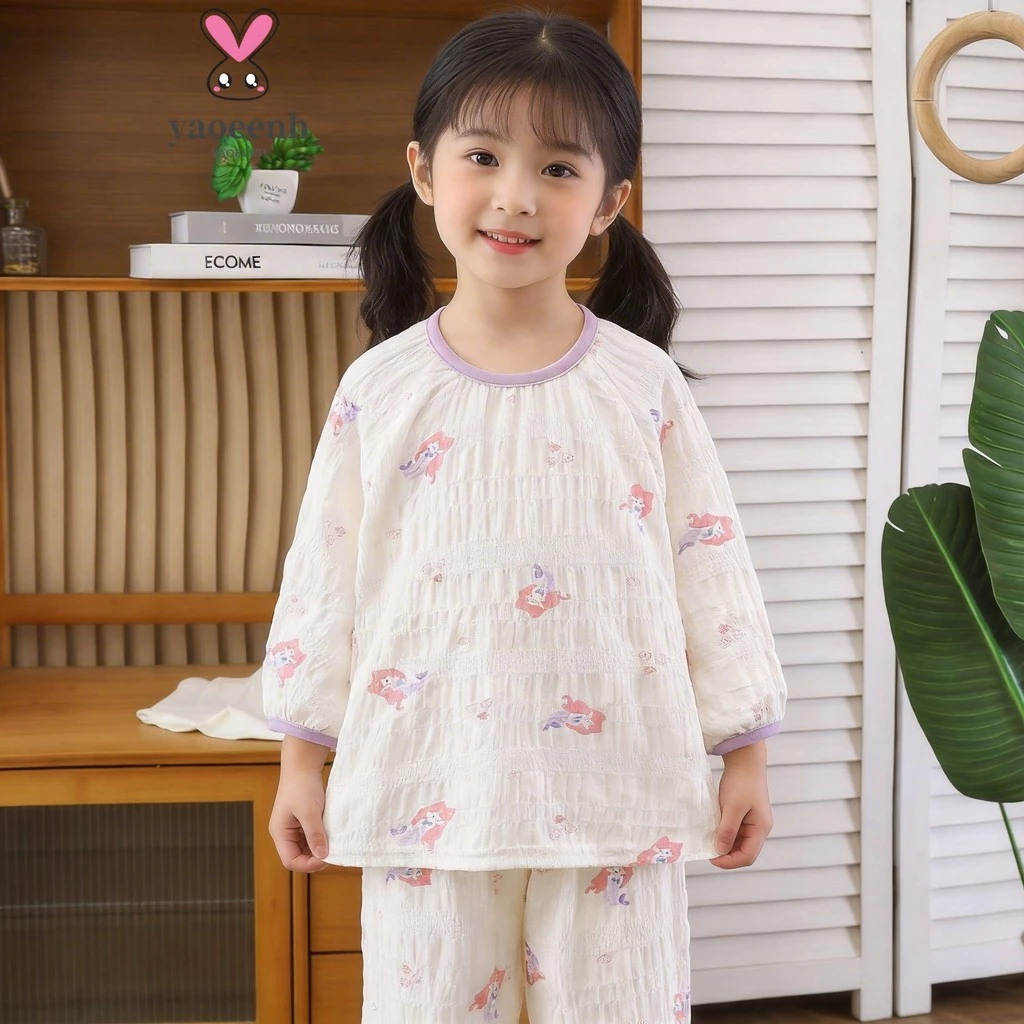 【YAOEENH】80-150CM Mùa Hè Bé Gái Phong Cách Mỏng Mây Cotton Điều Hòa Không Khí Quần Áo Bộ Đồ Ngủ Phong Cách Công Chúa Quần Áo Gia Đình Dễ Thương Tay Năm Điểm Quần Crop Hàng Sẵn Có Vận Chuyển Nhanh