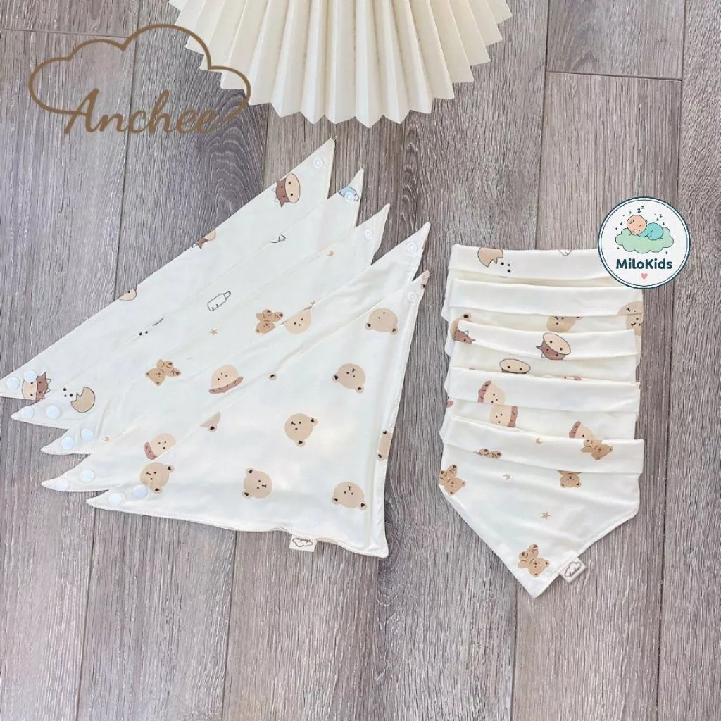 Set 5 yếm tam giác Anchee Chính Hãng, yếm Petit thun lạnh có cúc bấm mềm mại đáng yêu cho bé từ 0-1 tuổi