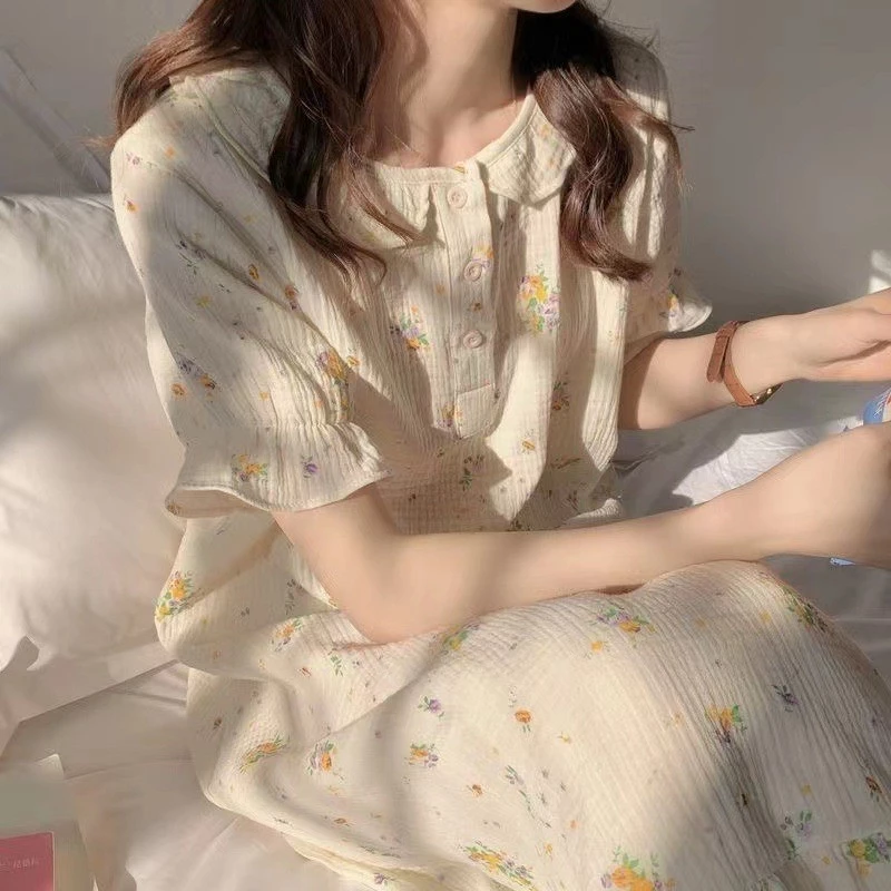 Váy ngủ mùa hè mỏng, dáng dài vừa phải, kiểu dáng rộng rãi, tay ngắn, phong cách học sinh ngọt ngào, chất liệu cotto