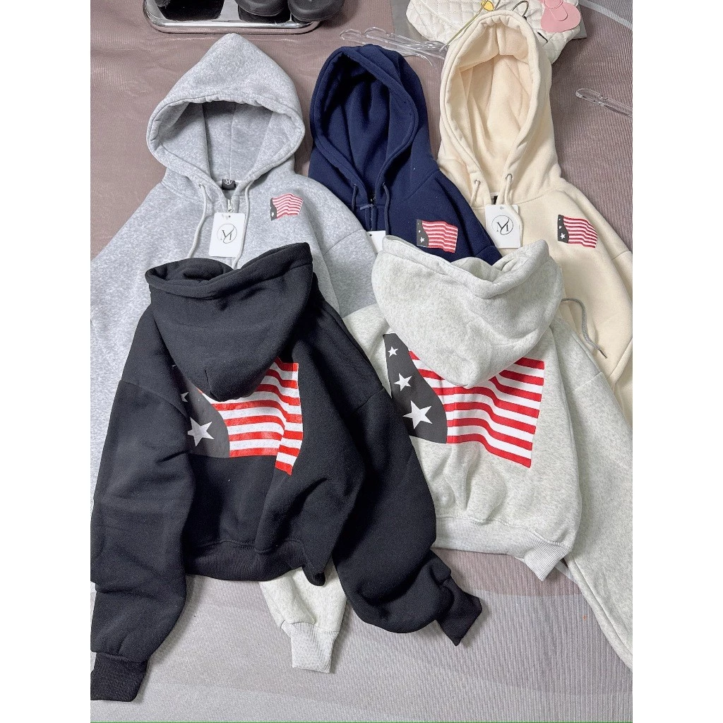ÁO KHOÁC CROPTOP NỈ NỮ DÁNG LỬNG IN LÁ CỜ 2 MẶT TRƯỚC SAU CÓ NÓN - HT XSTT FASHION