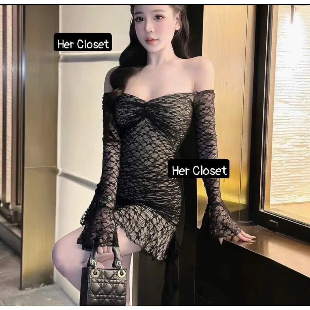 [HÀNG LOẠI 1] Váy trễ vai dài tay dáng body sang chảnh, đầm ren trễ vai body, đầm đi tiệc, váy đi đám cưới, sẵ....
