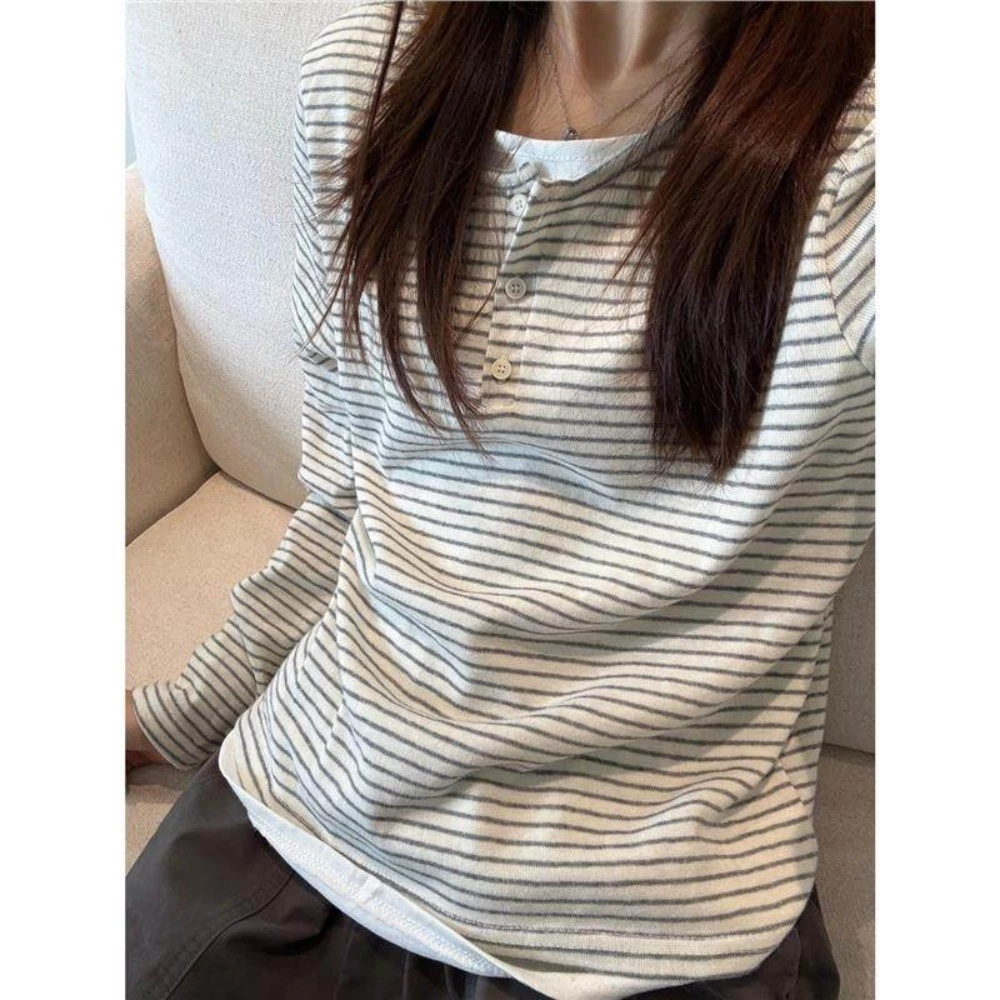 Áo Thun Dài Tay Kẻ Sọc Phong Cách Hàn Quốc Cổ Điển,  Kiểu Dáng Mới Cho Mùa Xuân Thu Top