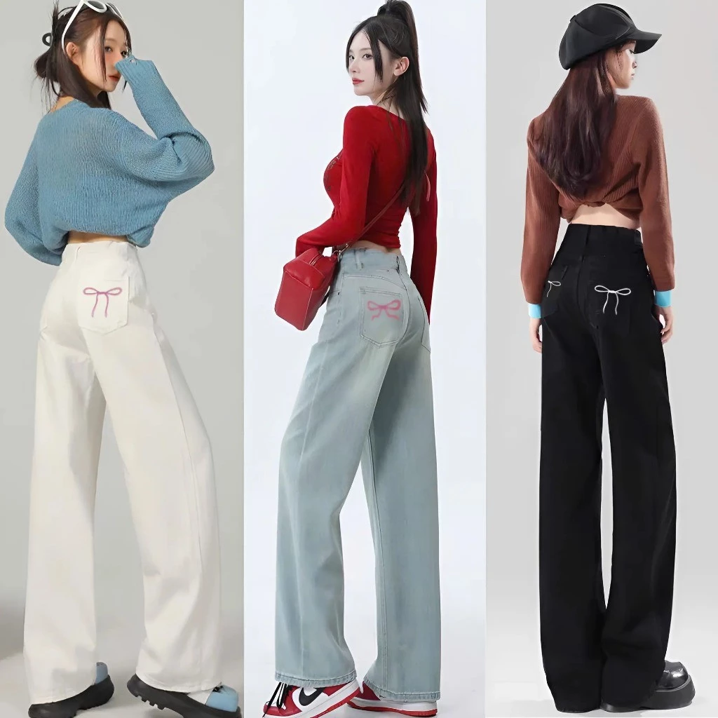 Quần Jeans Kaki Nữ Lưng Cao  Ống Suông THÊU NƠ Túi Sau Cá Tính, Quần Jean Nữ Ống Rộng Hottrend
