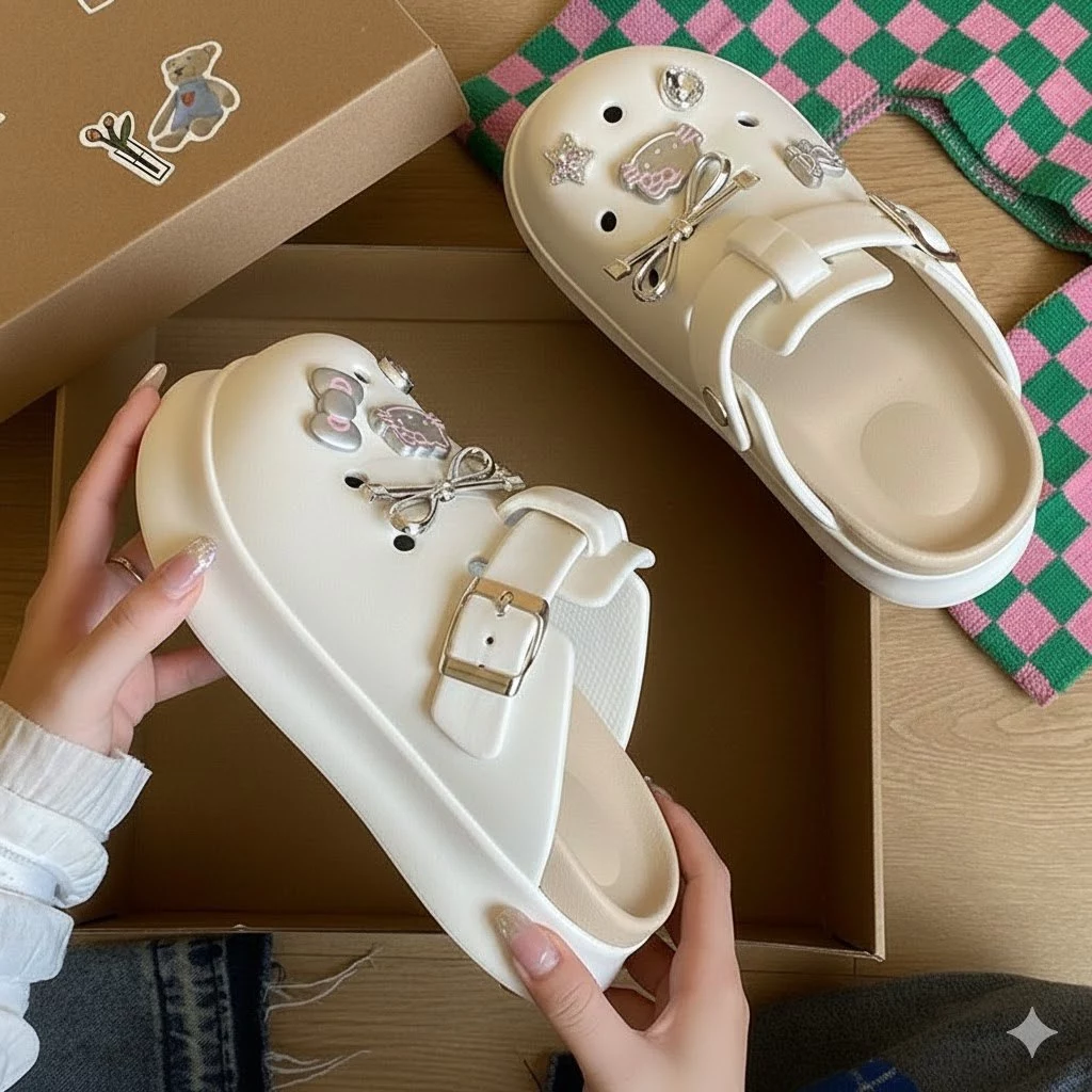 Dép sục nữ EVA cao 5cm tặng kèm sticker cute đi êm chân chống trơn trượt phong cách kawaii, dép sandal đi học đi chơi