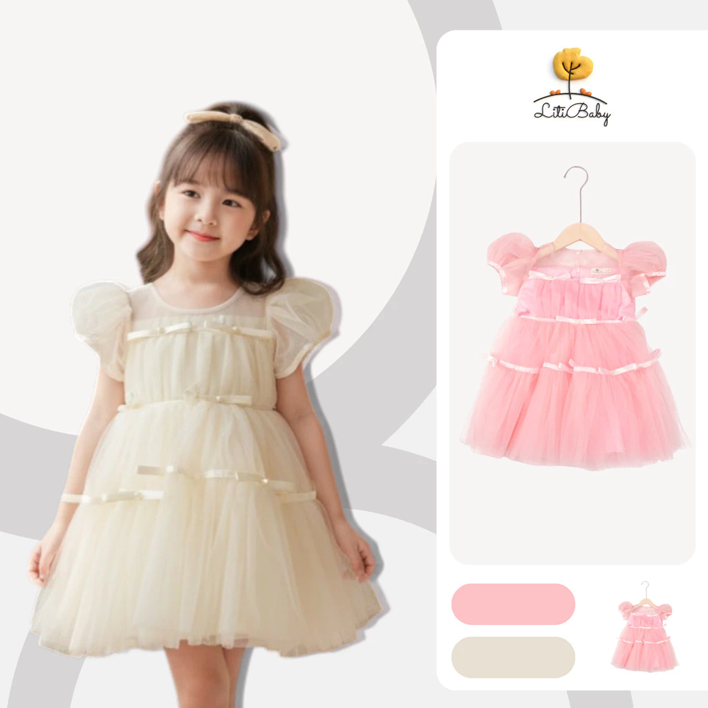 Váy Bé Gái Công Chúa Tay Bồng Đính Nơ LITIBABY cho bé từ 2-8 tuổi PH1115