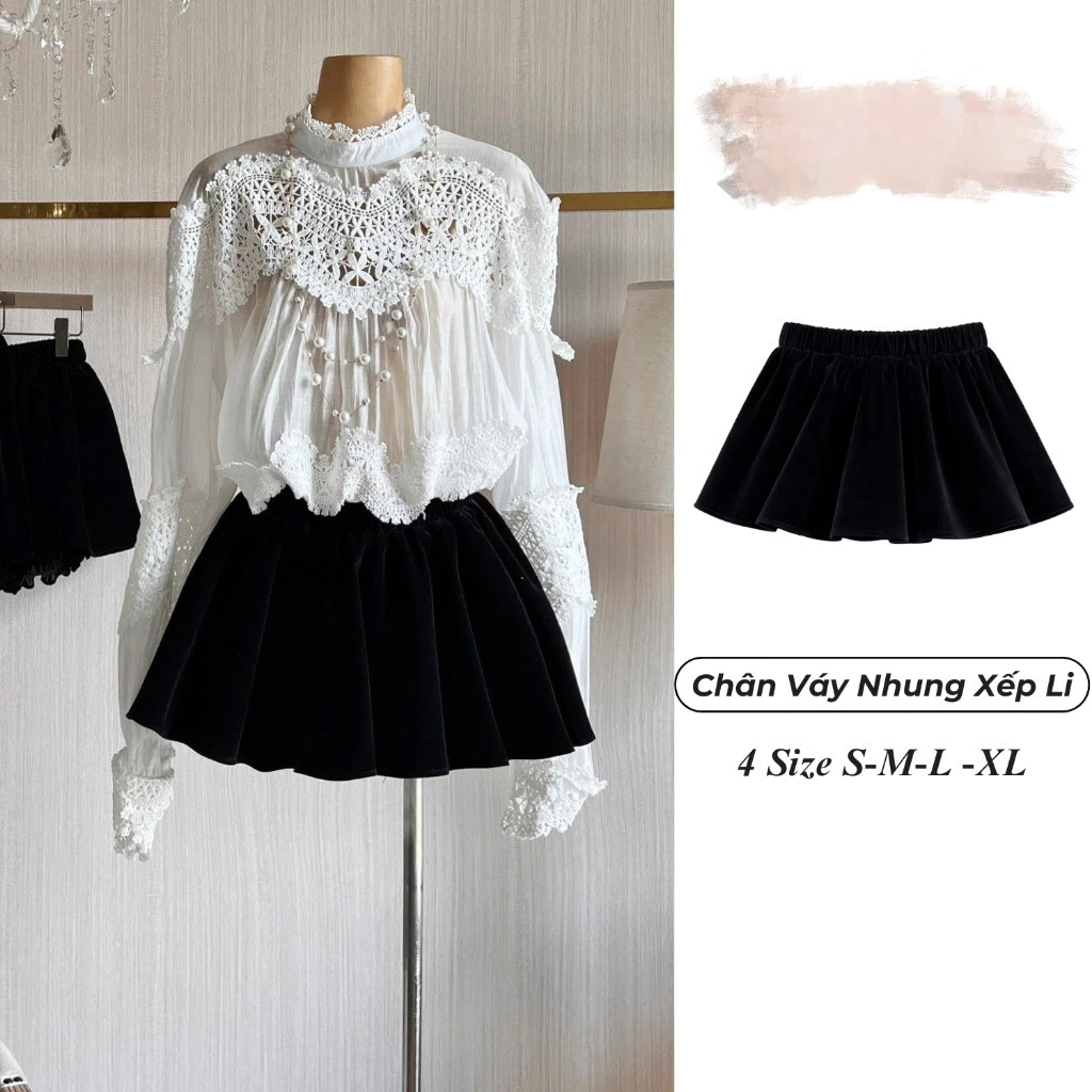 Chân Váy Nhung Xếp Ly Nữ Cao Cấp, Váy Nhung Xếp Li Cạp Chun-Có Kèm Quần