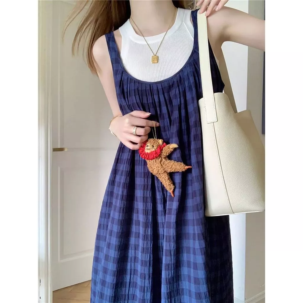 [Pre-Order]-Váy Liền Hai Dây Kẻ Caro Màu Tím Dáng Gầy Rộng Rãi Dáng Người Nhỏ Váy Bộ Hai Dây Được Ưa Chuộng Trong Mùa Hè