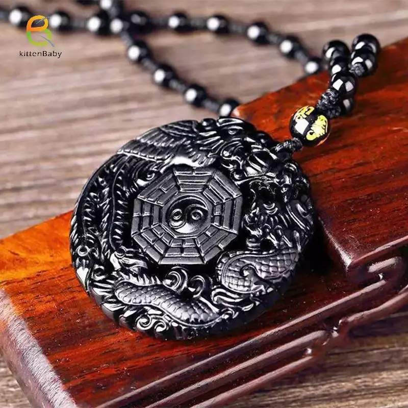 Mặt dây chuyền đá obsidian khắc rồng và phượng hoàng, bùa hộ mệnh Bagua dành cho nữ