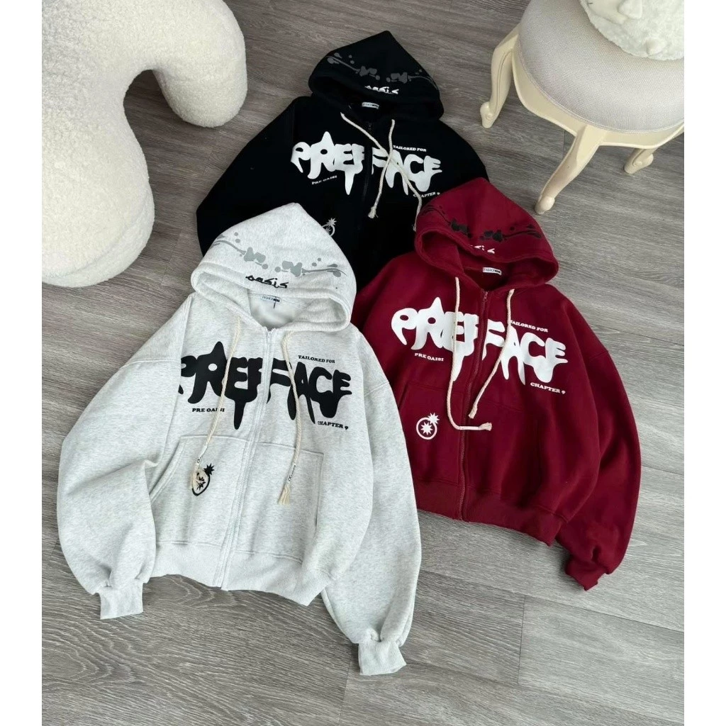 ÁO KHOÁC NỈ NAM NỮ CÓ NÓN IN NỔI CHỮ PREFFACF Ở NGỰC - ht XSTT FASHION