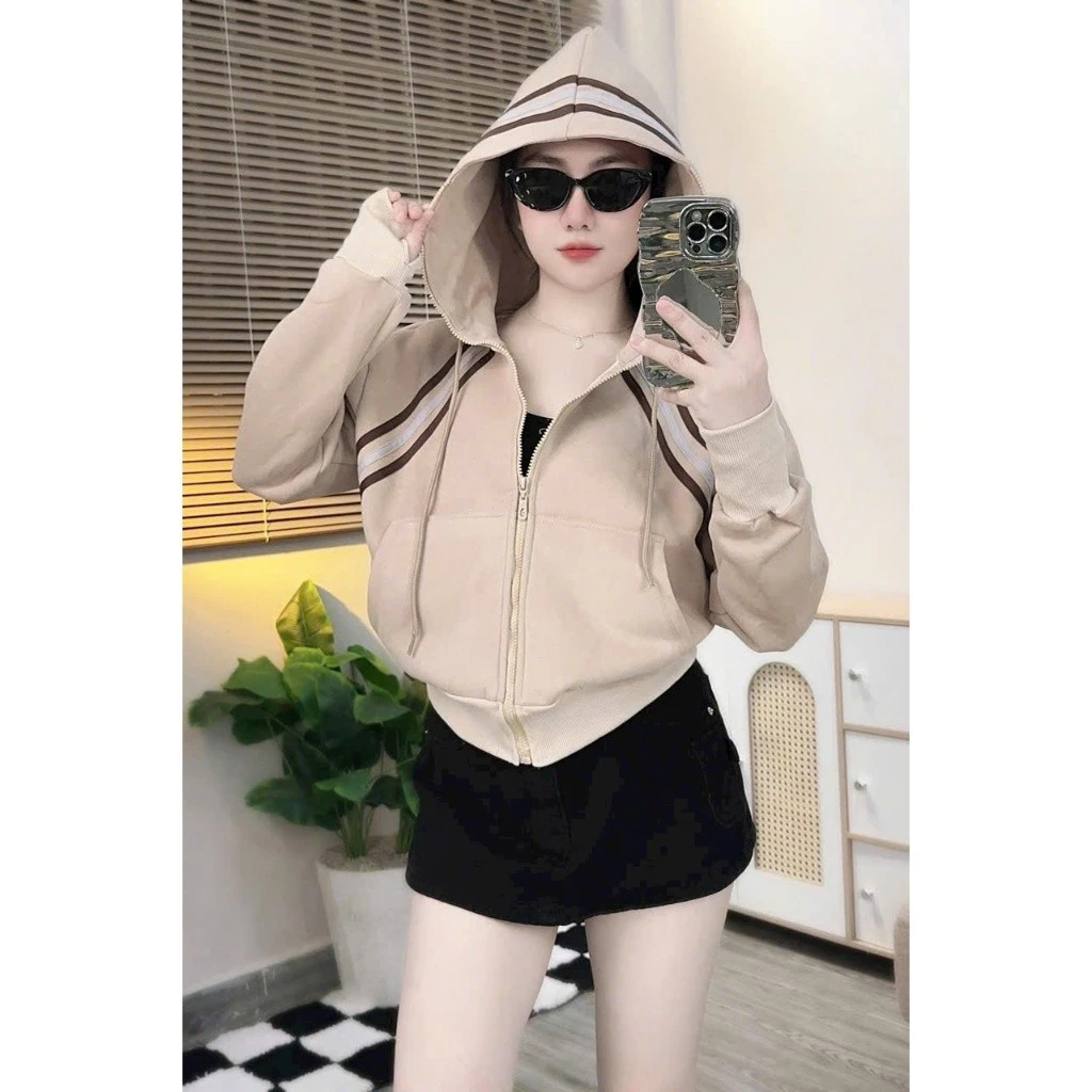 ÁO KHOÁC HOODIE NỮ CROPTOP DÁNG LỬNG CÓ SỌC Ở NÓN CHỐNG NẮNG TỐT XSTT FASHION