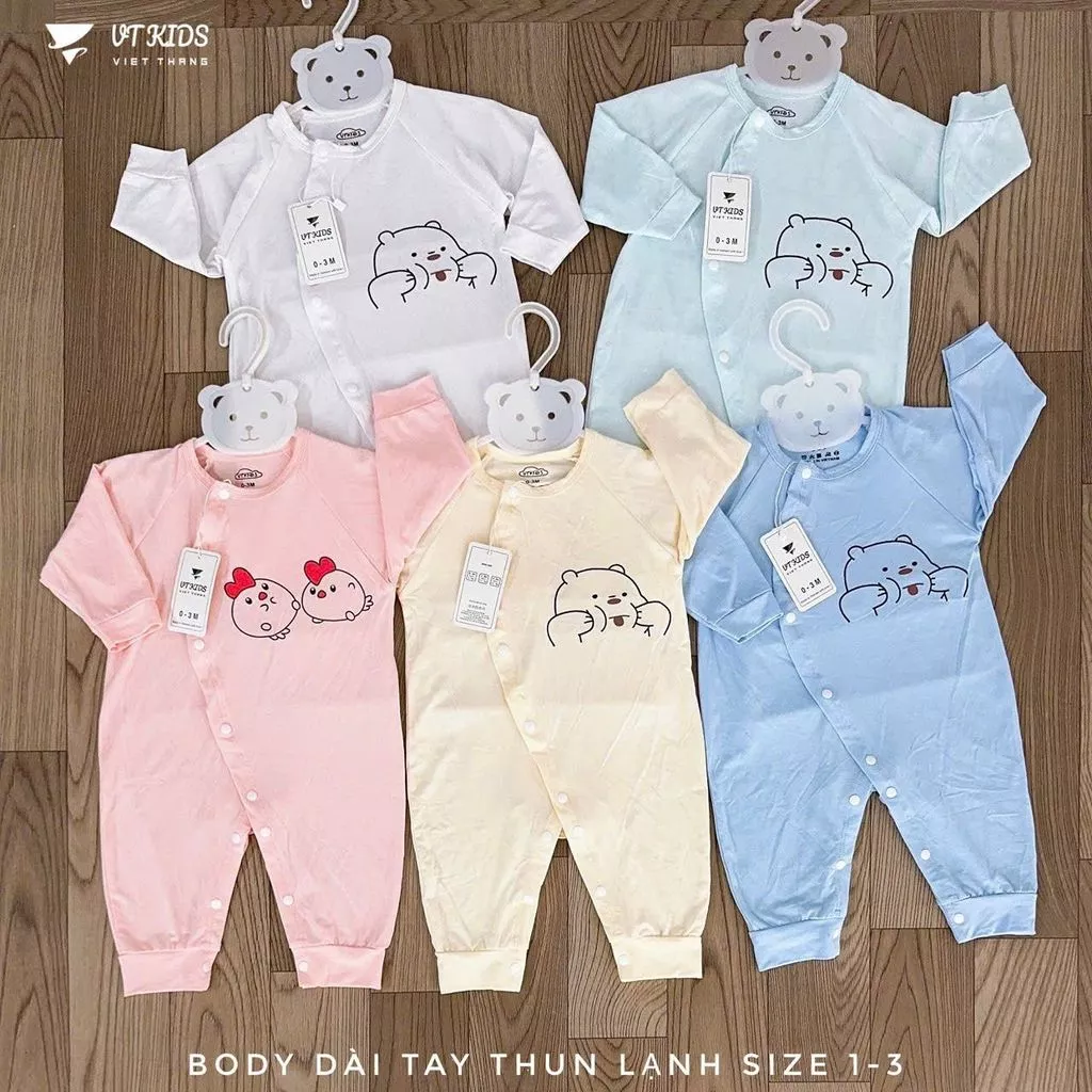 Bộ body dài tay màu, quần áo cho bé, VT chất liệu thun mềm mại cho bé sơ sinh 3-9kg.