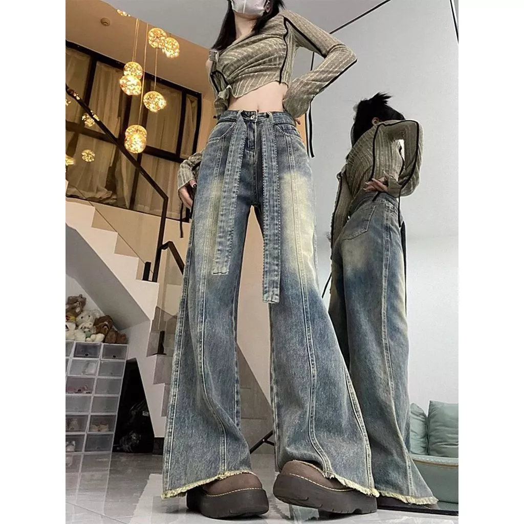Quần jeans nữ phong cách Mỹ cổ điển, thiết kế mùa thu đông, dáng rộng, tôn dáng, cạp cao, ống thẳng, ống rộng