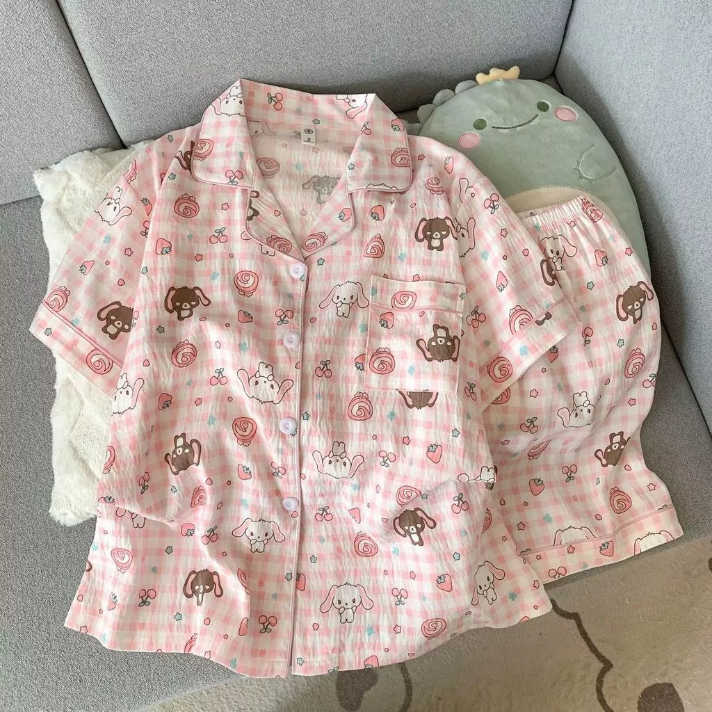Bộ đồ ngủ mùa hè nữ phong cách Nhật Bản, họa tiết thỏ kẻ caro hồng, áo ngắn tay mỏng, quần ngắn, dễ thương - Hàng Order