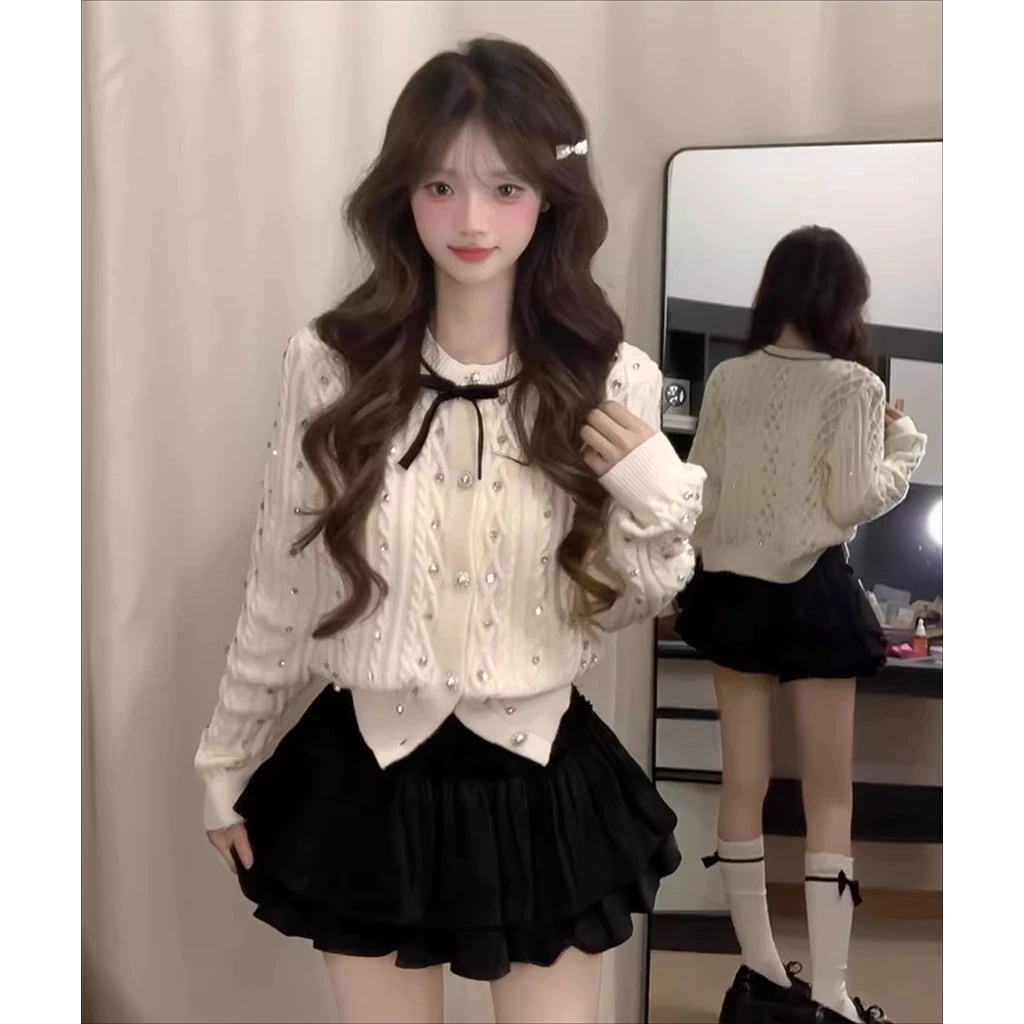 Áo Khoác Cardigan Dệt Kim Nơ Xoắn Áo Len Mùa Thu Đông Mới Có Khí Chất Ngọt Ngào Và Thời Trang