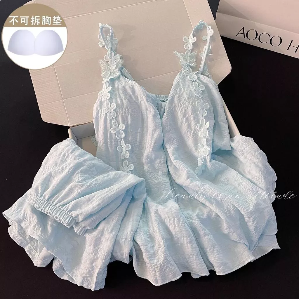 Bộ Đồ Ngủ Mặc Nhà Mùa Hè Kiểu Mới, Có Đệm Ngực, Áo Hai Dây Cotton Họa Tiết Hoa Màu Xanh Và Quần Short - Hàng Order