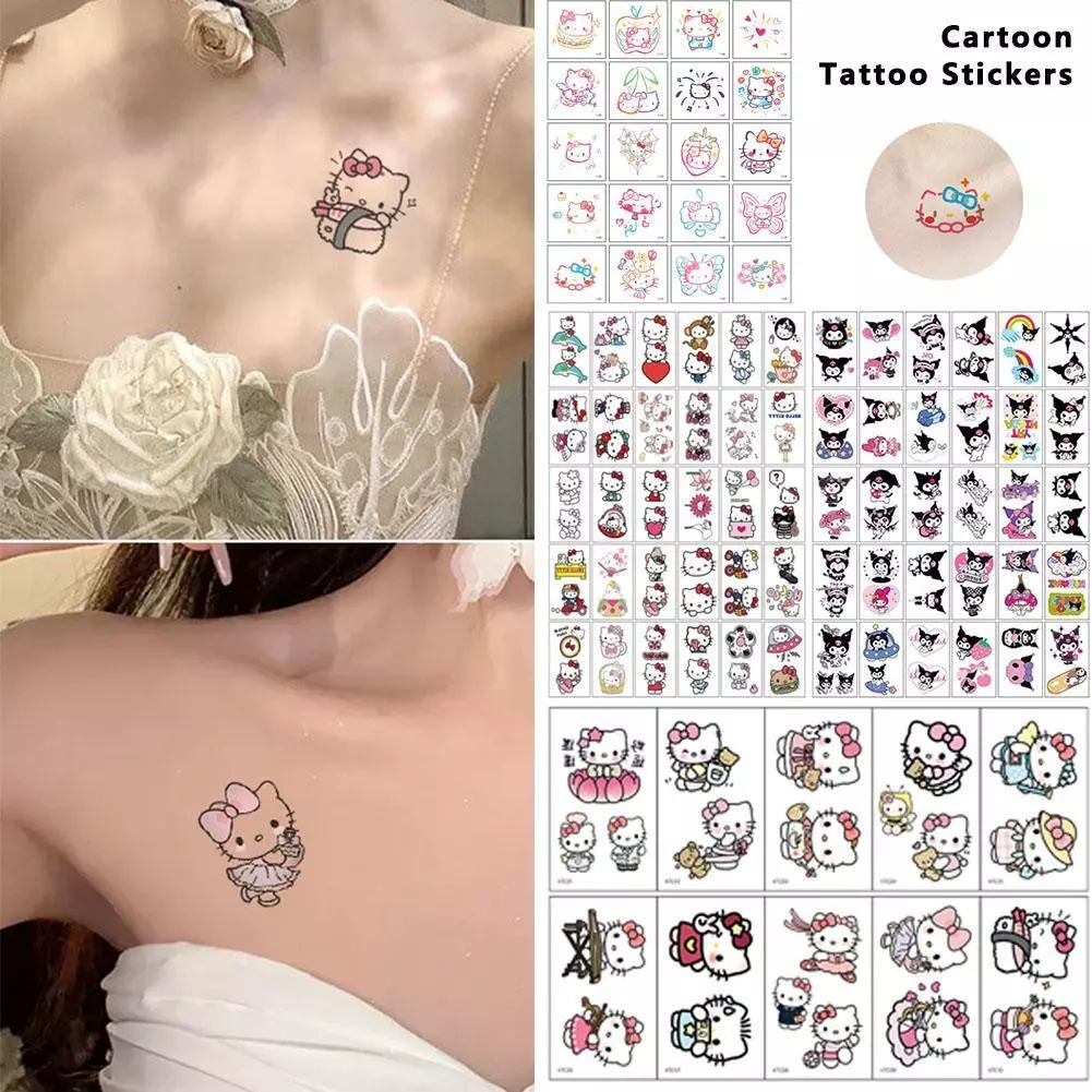 Nhãn dán hình xăm tạm thời Hello Kitty, thiết kế cao cấp, phù hợp cho cánh tay và khuôn mặt.