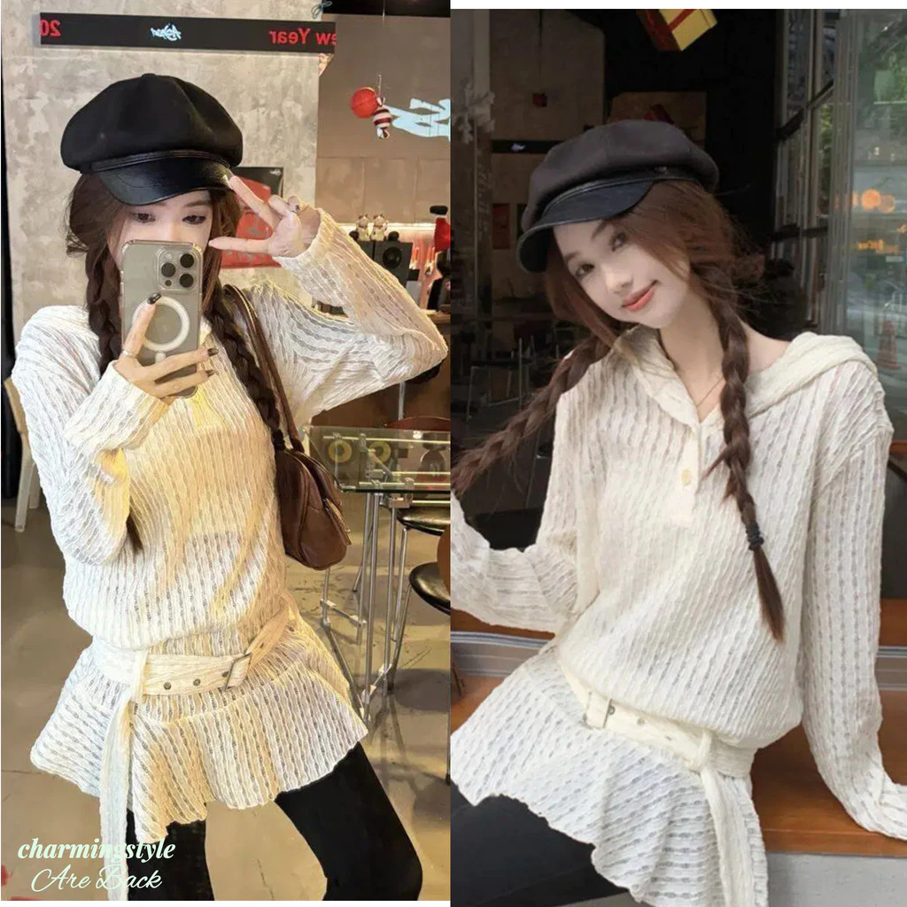 Áo Sơ Mi Nữ Tay Dài Có Mũ Trùm Đầu Nữ Xuân Thu Thời Trang Mới Xù Lông Dài Tay Dệt Kim Top