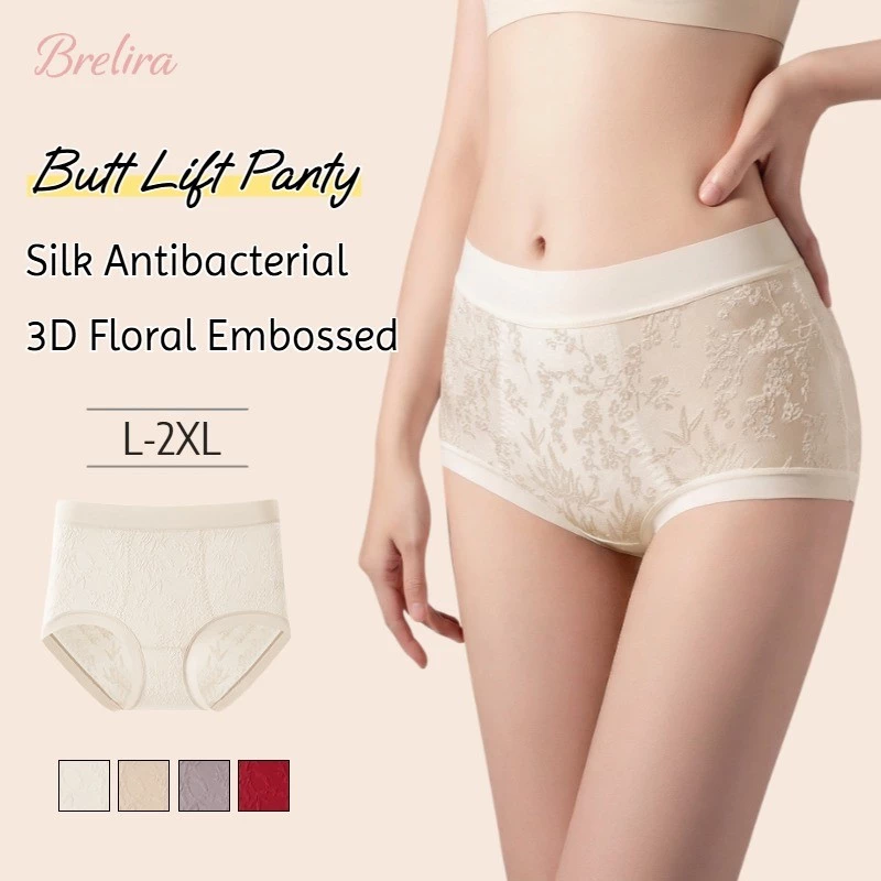 『 Brelira 』 Quần lót lưng cao nữ kiểm soát bụng lụa kháng khuẩn Đáy quần 3D in hoa phủ sóng toàn diện Quần lót tam giác