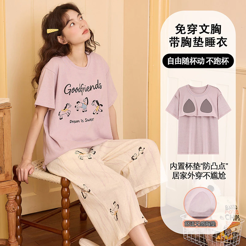 Bộ đồ ngủ cotton nữ, tay ngắn 3/4, kẻ sọc hoạt hình dễ thương
