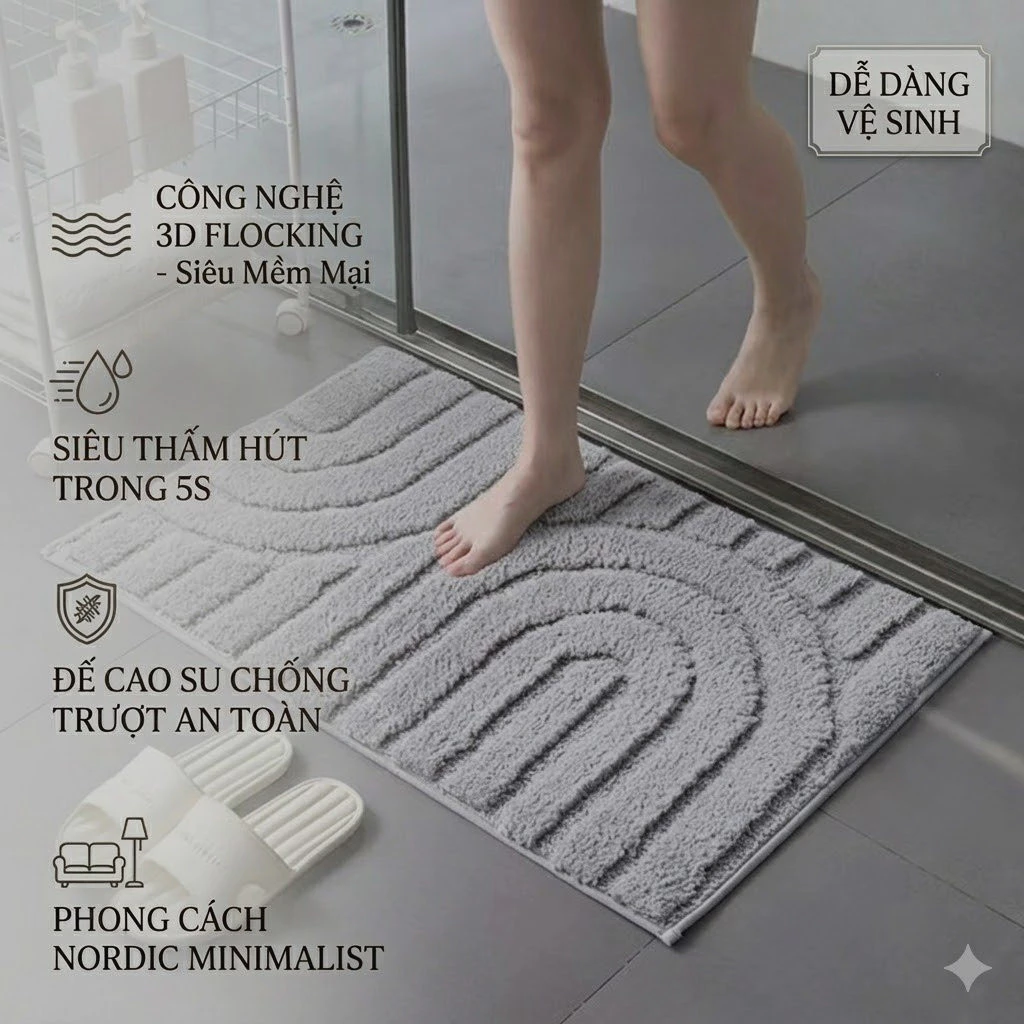 [Nordic Style] Thảm Lau Chân Nhà Tắm Lông Tuyết Flocking Siêu Thấm Hút - Thảm Chống Trượt 3D Dày Dặn Decor Cửa Ra Vào Phòng Ngủ - Morandi Grey